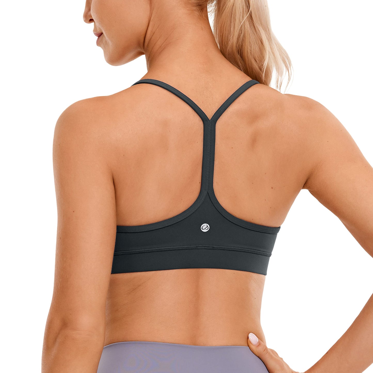 CRZ YOGA Butterluxe Y Back Sports Bras for Women - Padded Racerback Low Impact Spaghetti Thin Strap Workout Yoga Top Melanite Medium