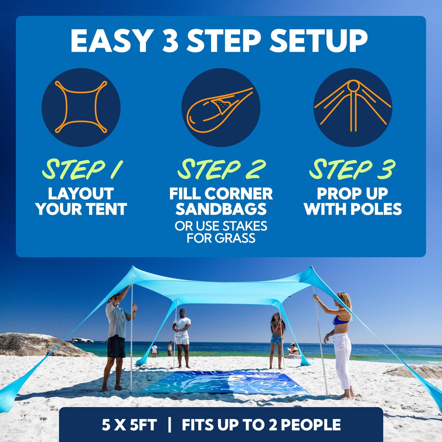 SUN NINJA Beach Tent Shelter with UPF50+ Protection, Includes Sand Shovel, Ground Pegs, Stability Poles, Outdoor Pop Up Shade Canopy for Camping, Fishing, Backyard Fun (Royal Blue, 5x5 FT 4 Pole)