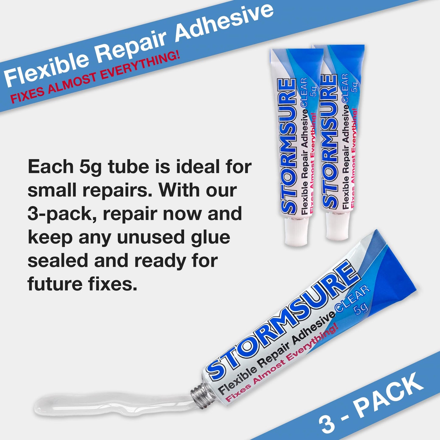 Stormsure Flexible Repair Adhesive: (3 x 5g) Clear Glue - Highly Durable, Waterproof Glue for All Repairs