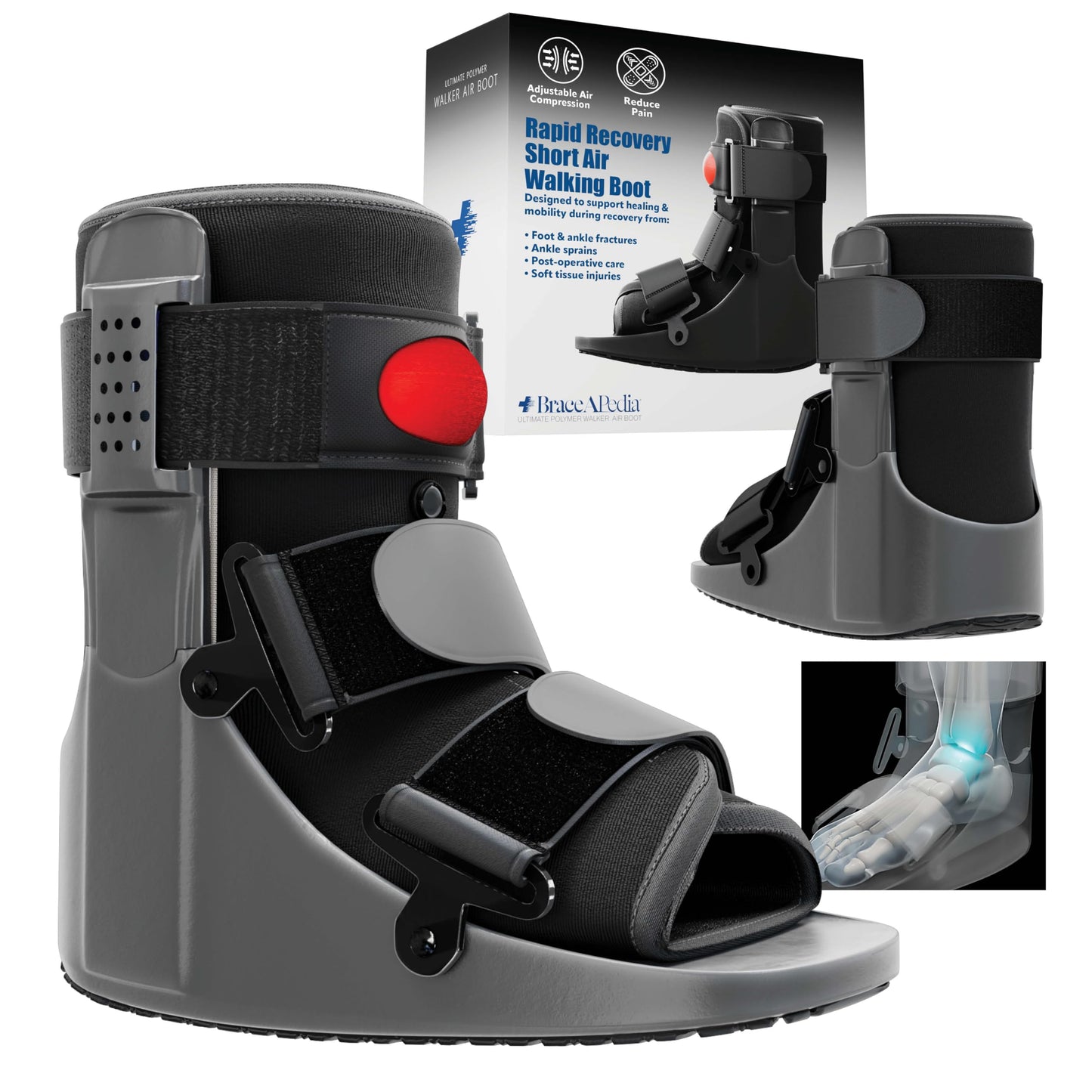 Braceapedia Youth Rapid Recover Short Walking Boot, Kids Fracture Boot, Kids Medical Grade Foot & Ankle Support Brace for Fractures, Adjustable Air Pump, Sprain & Injury Recovery, Black (X-Small)