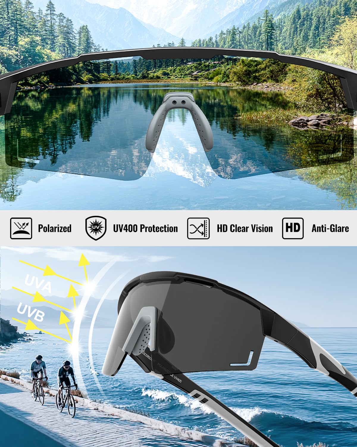 Pluxmooc Men's Polarized Sports Sunglasses, UV400 Wrap Around Cycling Glasses for Men, Anti-Fog Lightweight Sun Glasses for Running Fishing Baseball Softball Bike (Black)