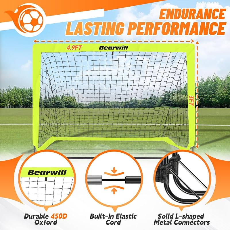 Bearwill Fluorescent Green 4x3ft Kids Soccer Goal Set of 2 – Foldable Backyard Goals