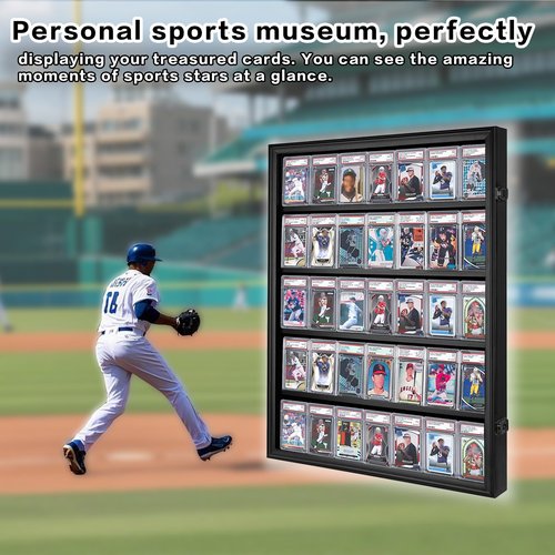 Nixvexy 35 Graded Card Display Case - Wall-Mount Baseball Card Display Case - Lockable Box with UV Protection Acrylic for Display Basketball Hockey Football Card - Black