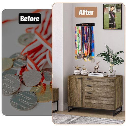 Wall-Mounted Medal Hooks Display Organizer - 14 L-Shaped Metal Hooks with Engraved Never Give Up Wood Plaque | Award Trophy Rack for Sports, Race Bibs, Necklaces & Keys (Black, Never Give Up)