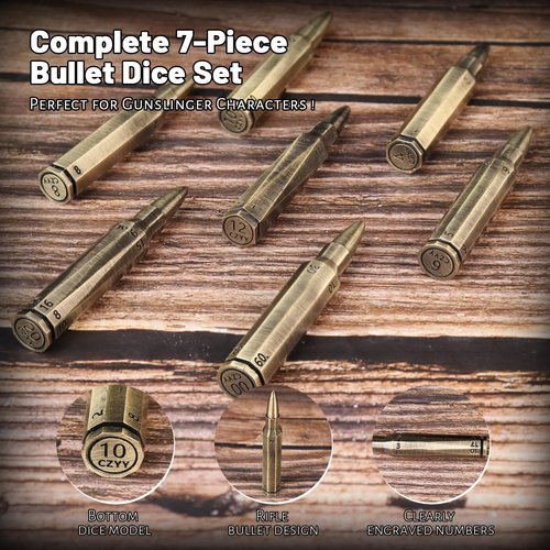 CZYY Rifle Bullet Dice Set - Solid Metal 7 Polyhedral Dice Set with Spinning Container Case & Cartridge Holder Belt - Perfect Role Playing Dice Set for D&D, Tabletop Games (Bronze)