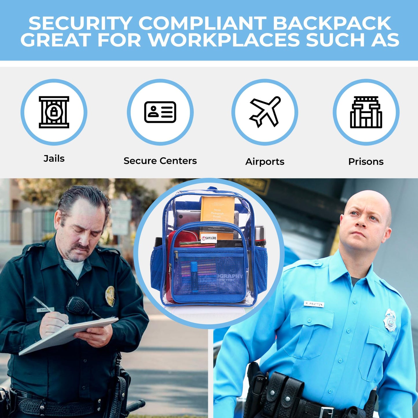 SHYLERO Clear Backpack Heavy Duty has TSA Lock, 2-WAY Zipper. PVC Transparent Backpack Is Extra Large - H18''xW14''xD8 - Blue