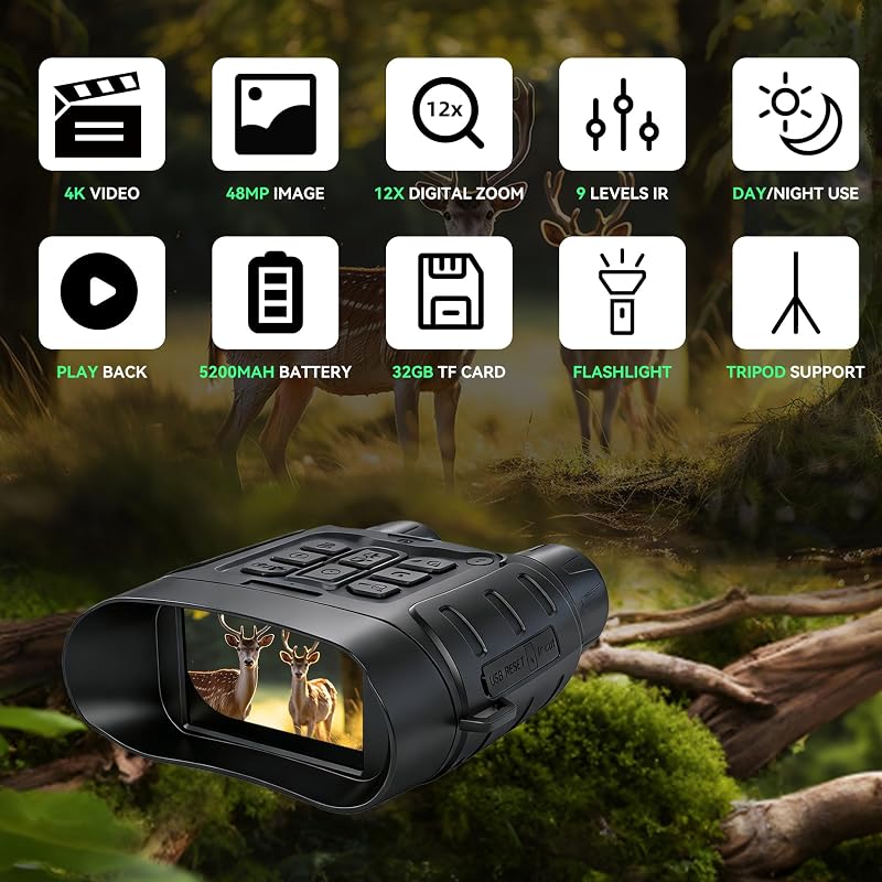 Night Vision Goggles for Adults - 4K Video, 12X Zoom, 9-Level IR, 32GB Card