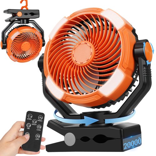 DUKUSEEK Clip Fan with LED Lantern, 20000mAh Rechargeable Clamp Fan, 360° Rotation USB Personal Fans with Hanging Hook, 9in Portable Camping Fan for Bed, Car, Bedroom, Outdoor