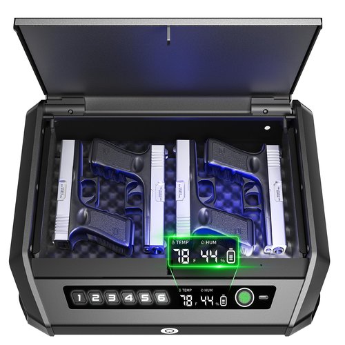 Gun Safe with LCD Display, ??.1s Quick Access Handgun Safe for 2-4 Pistols, Hand Gun Lock Box with Fingerprint | Keypad | and Keys for Home Drawer Bedside Nightstand TOPMEDA