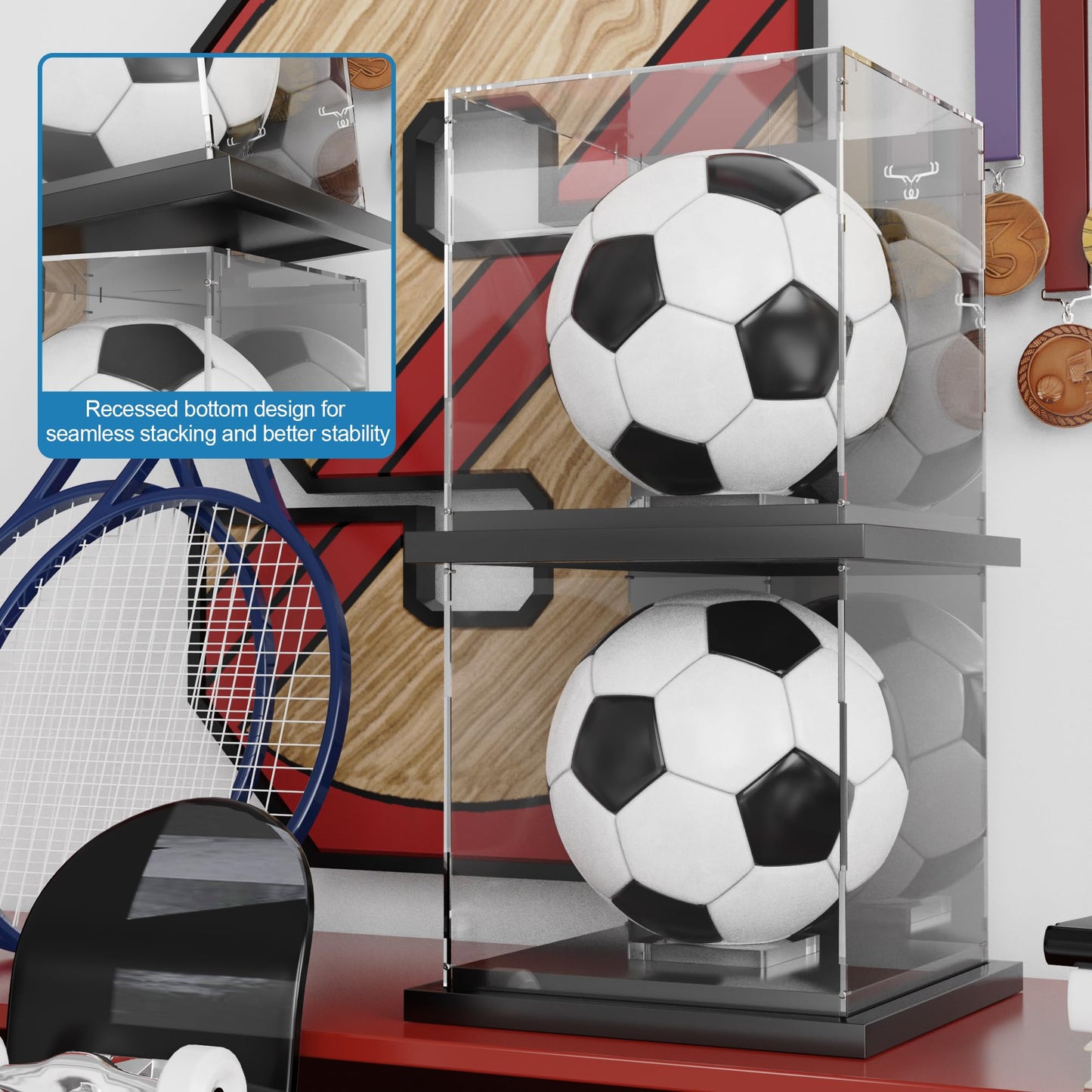 Xiomot Soccer Ball Display Case Clear Acrylic Display Case Box with Mirror Back and Black Metal Grooved Base Stackable Holder with Removable Built-in Soccer Ball Stand for Sports Collectibles