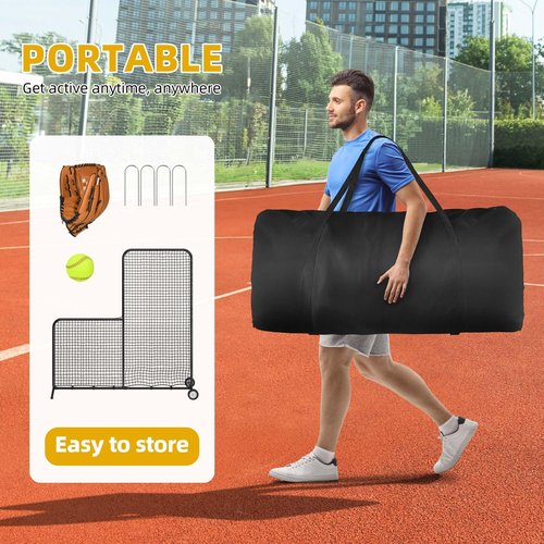 Shopsource Baseball L Screen with Wheels for Batting Cage, 7x7ft Pitcher Protector Net for Pitchers Protection, Includes Pitchers Glove,Training Ball, Portable Carry Bag