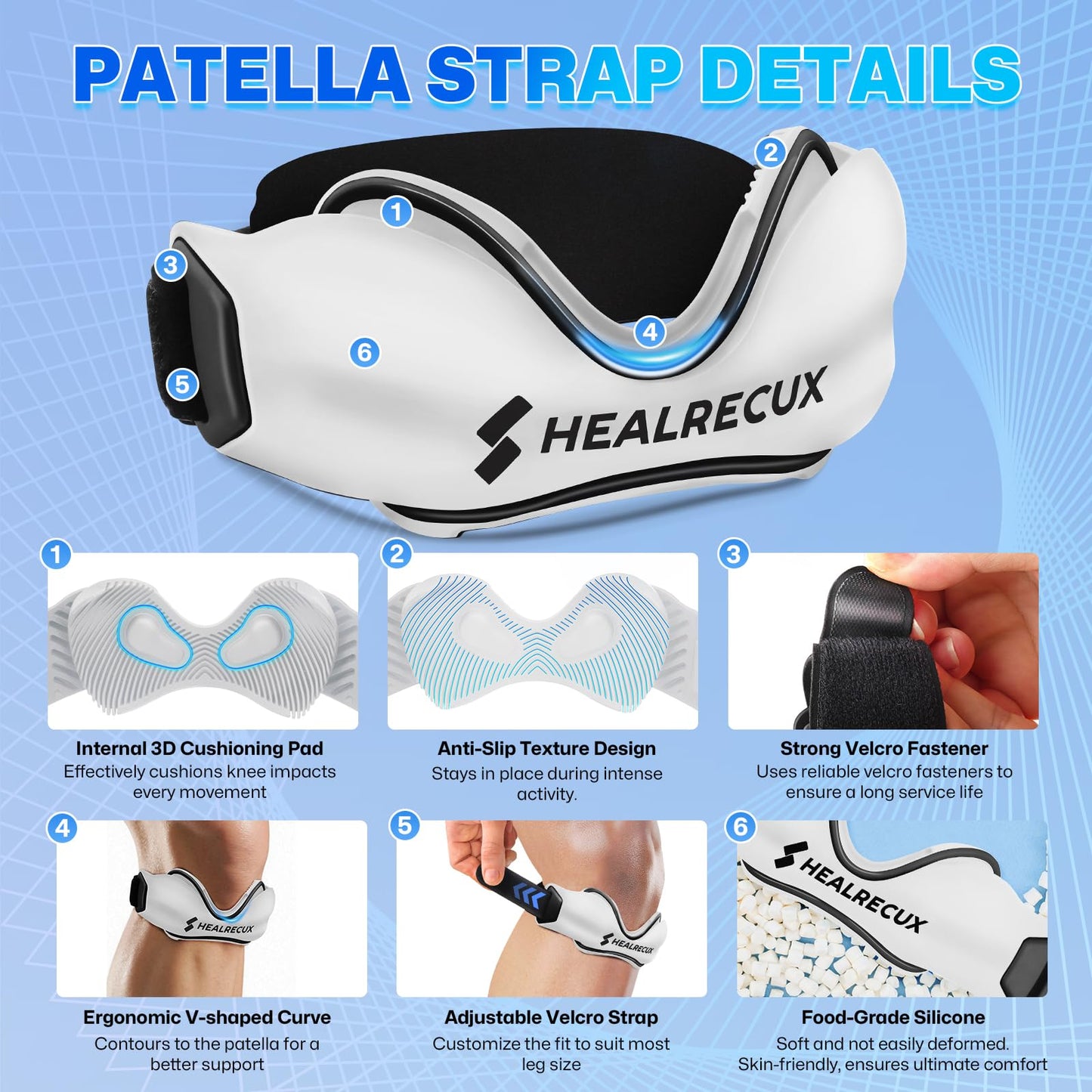 Healrecux Patellar Tendon Support Strap, Silicone Patella Knee Strap, Non-Slip Patella Band Knee Brace for Jumpers Knee, Tendonitis, Basketball, Volleyball - White 1 Pack