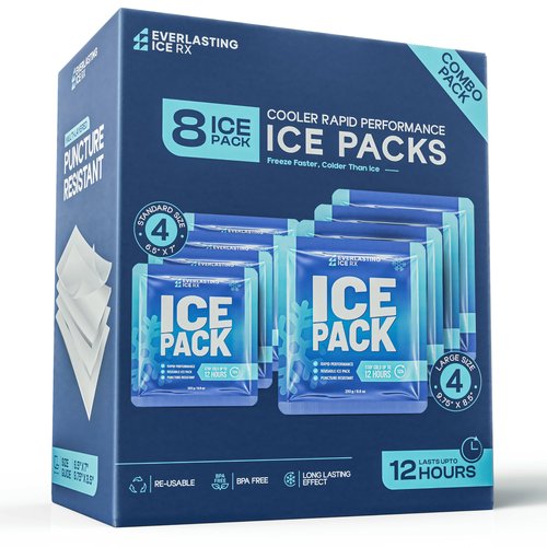 Rapid Performance Reusable Ice Packs for Coolers or Lunch Box | 8 Combo Pack | Cold for Up to 12 Hours | Ice Packs for Cooler, Long Lasting for Camping, Beach