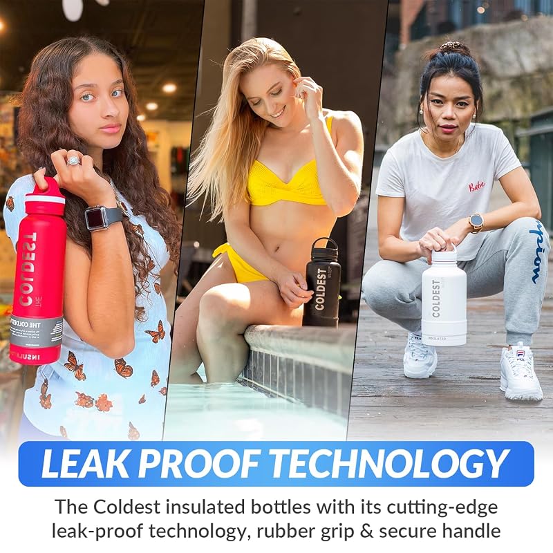 Coldest Insulated Water Bottle with Handle Lid 32oz Matte Black - Leak Proof Triple Wall Stainless