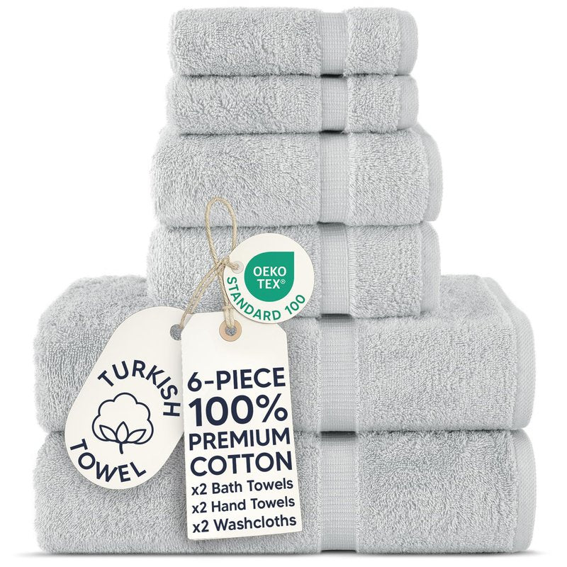 Chakir Turkish Linens 6 Piece Towels Set, 100% Cotton Luxury Turkish Towels for Bathroom, Soft Absorbent Bath Towel Set with 2 Bath Towels 2 Hand Towels 2 Washcloths, Silver Gray