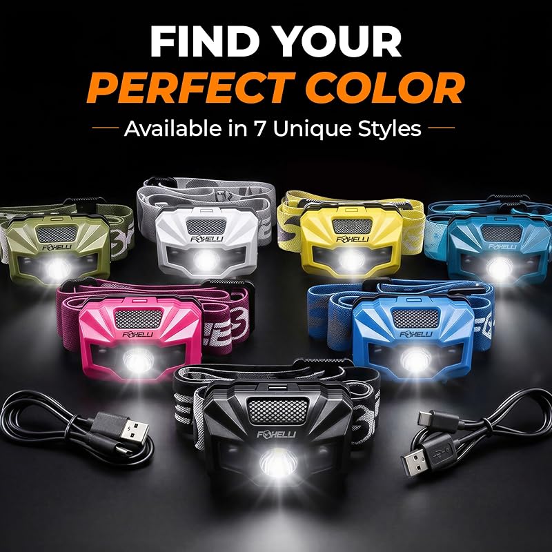 Foxelli USB-C Rechargeable Headlamp - Ultra-Light 2.4 oz, 180 Lumens, Red/White 5 Modes, IPX5 Waterproof (Black)
