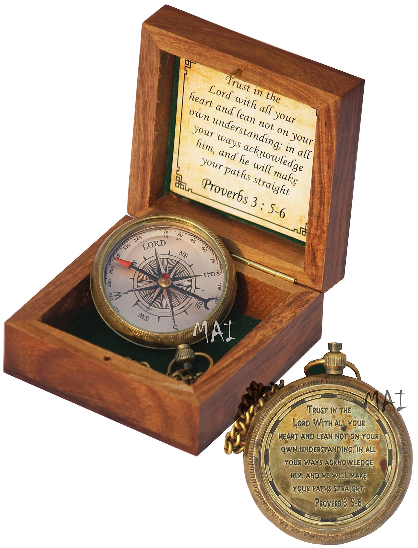 Trust in The Lord With All Your Heart - Proverbs 3:5-6 Quote Engraved Compass with Wooden Box, Graduation Day Religious Gifts for Men Women Girls Boys (♱1 Trust in The Lord Compass -Proverbs 3: 5-6 ♱)