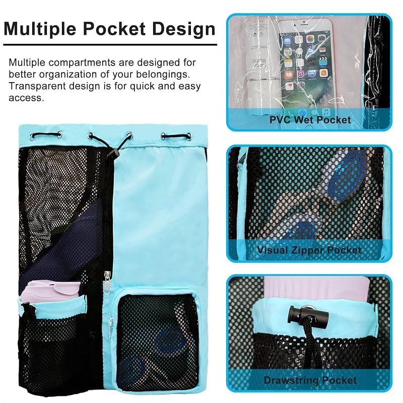 Lifwimner Mesh Beach Backpack with Wet Pocket - Drawstring Pool Bag, Waterproof Gym Bag – Mint Blue