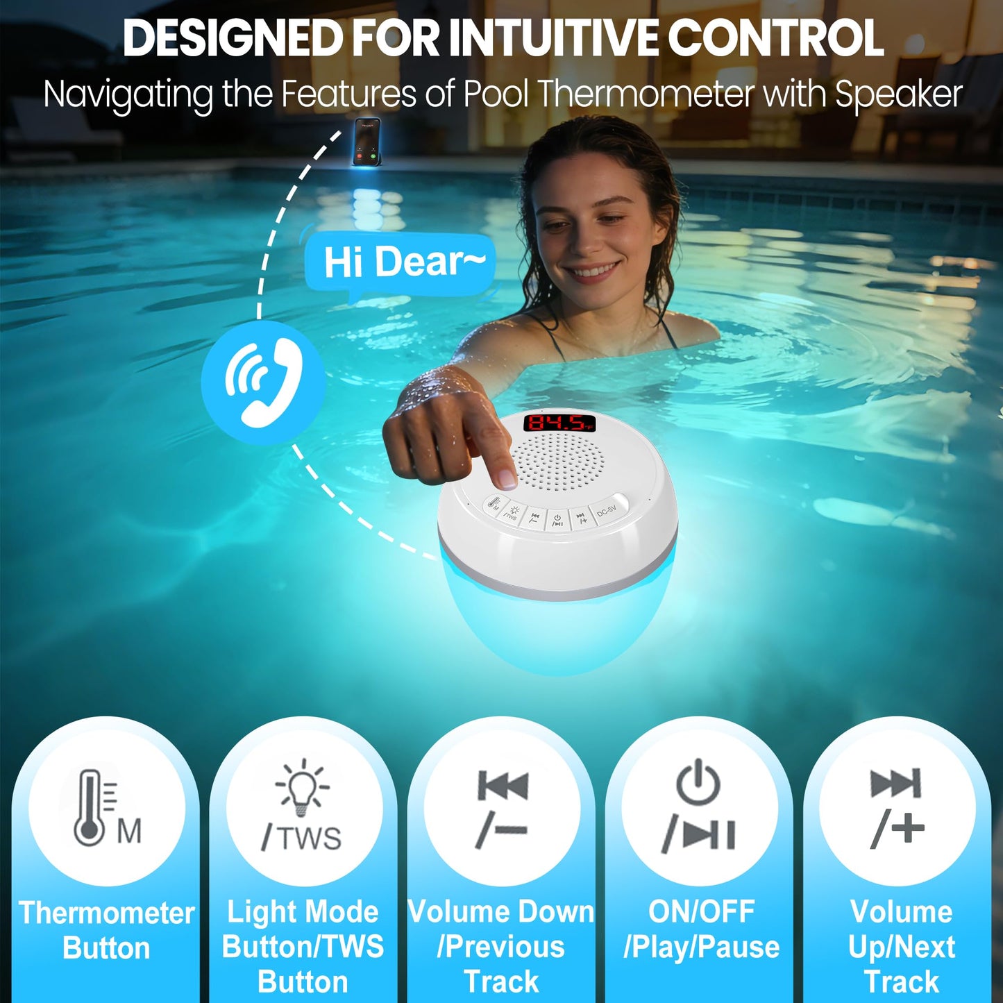 AearKing 3in1 Floating Pool Speaker with Digital Pool Thermometer,Bluetooth Pool-Speaker with Colorful Lights,TWS Hot Tub Speaker Waterproof IP68 Pools-Speaker,BT5.0 Bluetooth Speaker for Pools-White