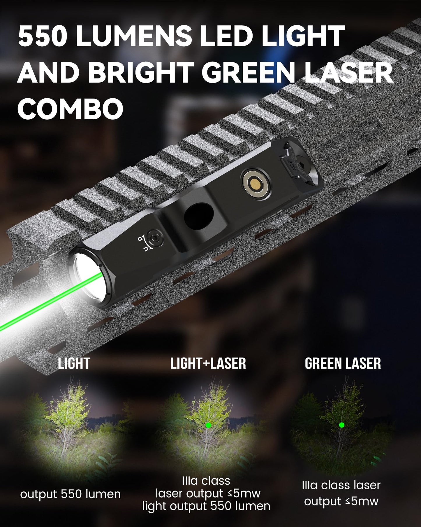 Votatu M9L-G Mini Light Laser Combo Compatible with M-Lok Rail Surface, 550 Lumens Tactical Flashlight and Green Laser Sight with Strobe Function for Rifle, Magnetic Rechargeable