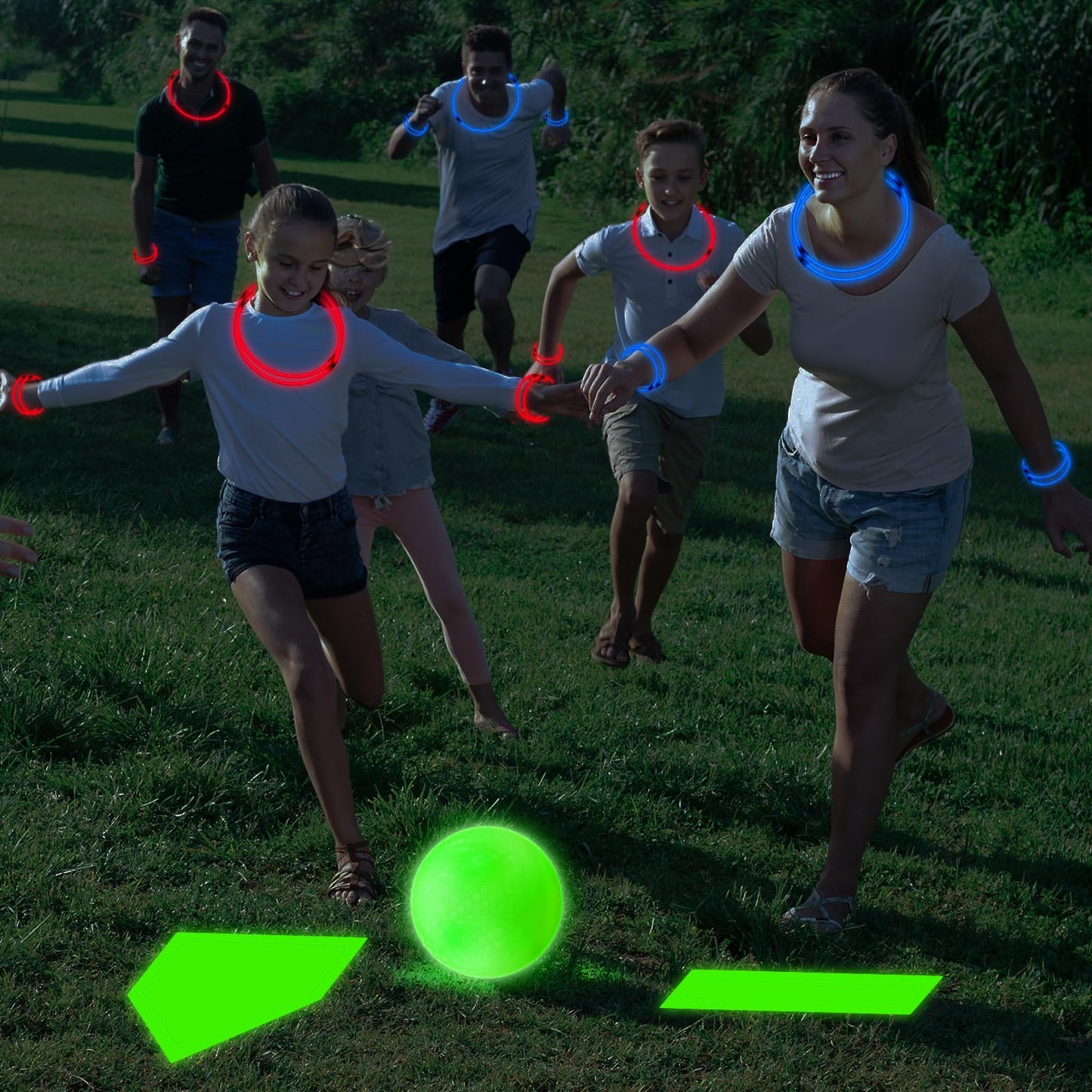 Hiboom 9 Pcs Glow in the Dark Kickball Dodgeball Set Includes 10 Inch Playground Ball with Pump 5 Rubber Bases 100 Glow Sticks for Adults Playground School Backyard Game Outdoor Indoor Games