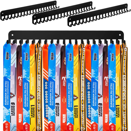 Geetery 4 4 Pack Medal Hanger Display with 20 Hooks Each, Sturdy Steel Wall Mount Medal Holder Rack Holds 60+ Awards for Gymnastics Marathon Sport Runner Soccer Wrestle Swim, Easy to Install (Black)