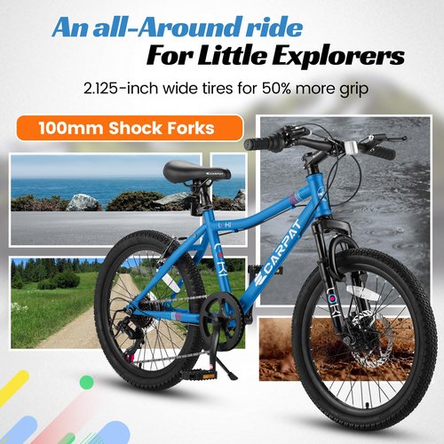 PyroRyd 20 Inch Kids Mountain Bike for Boys Ages 8-12, 7-Speed Drivetrain with Front Suspension, Dual Brake System High Carbon Steel Frame Bicycle for Off-Road and City Riding (Blue-A)