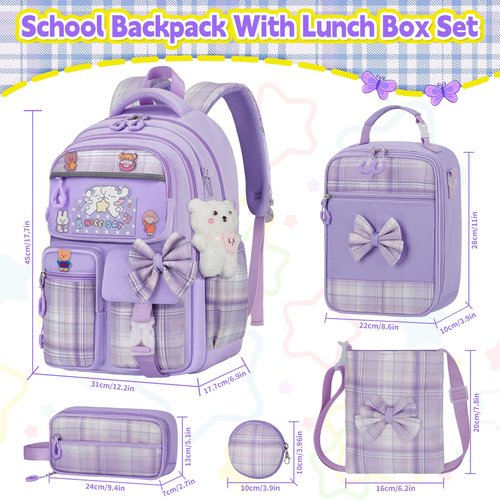 LEWKANA Girls Backpack with Lunch Box Set, 5pc Purple Cute Kawaii Bookbag for Teens, Aesthetic School Backpack for Elementary