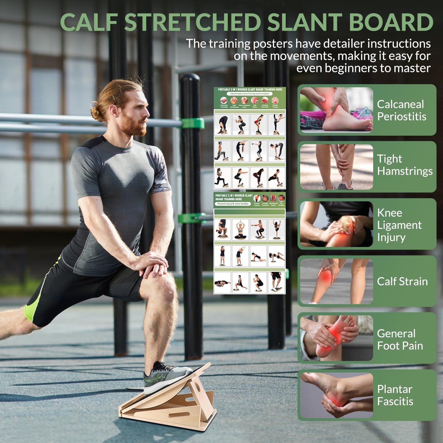 2-in-1 Slant Board&Professional Wooden Balance Board for Calf Stretching, Adjustable Wooden Incline Board, 200 Lbs Weight Capacity Calf Stretch Wedge for Exercise with Training Poster