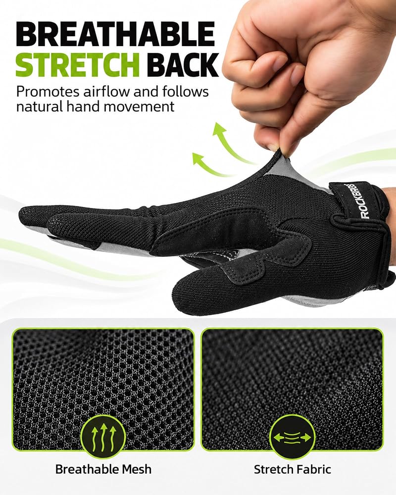 ROCKBROS Full-Finger Cycling Gloves with Gel Pad – Breathable, Touchscreen, Unisex (US XL / Asian XXL) – Black