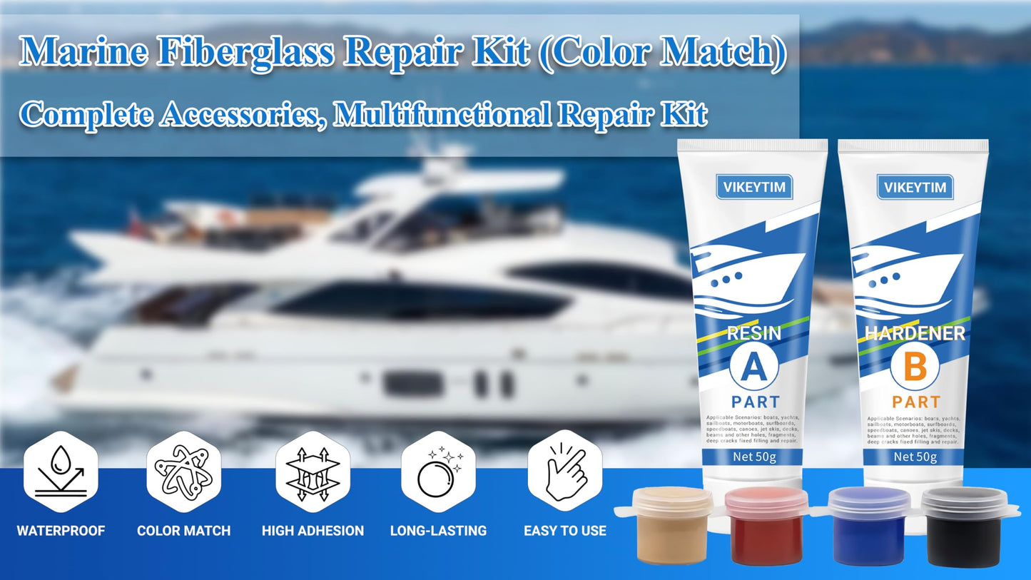 VIKEYTIM Marine Fiberglass Repair Kit (Color Match), 3.5oz/100g Gel Coat Repair Kit for Boats, Fiberglass Repair Fix Holes, Chips, Deep Cracks, Ceramic, Porcelain Fiberglass Filler