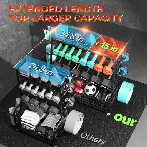 Dumbbell Rack, 5 Tier Heavy Duty Weight Racks with Wheels and Hooks, 500LBS Strength Training Storage Organizer Weight Stand, Tree Shape Home Gym Storage Dumbell Holder for Kettlebells,Yoga Mat