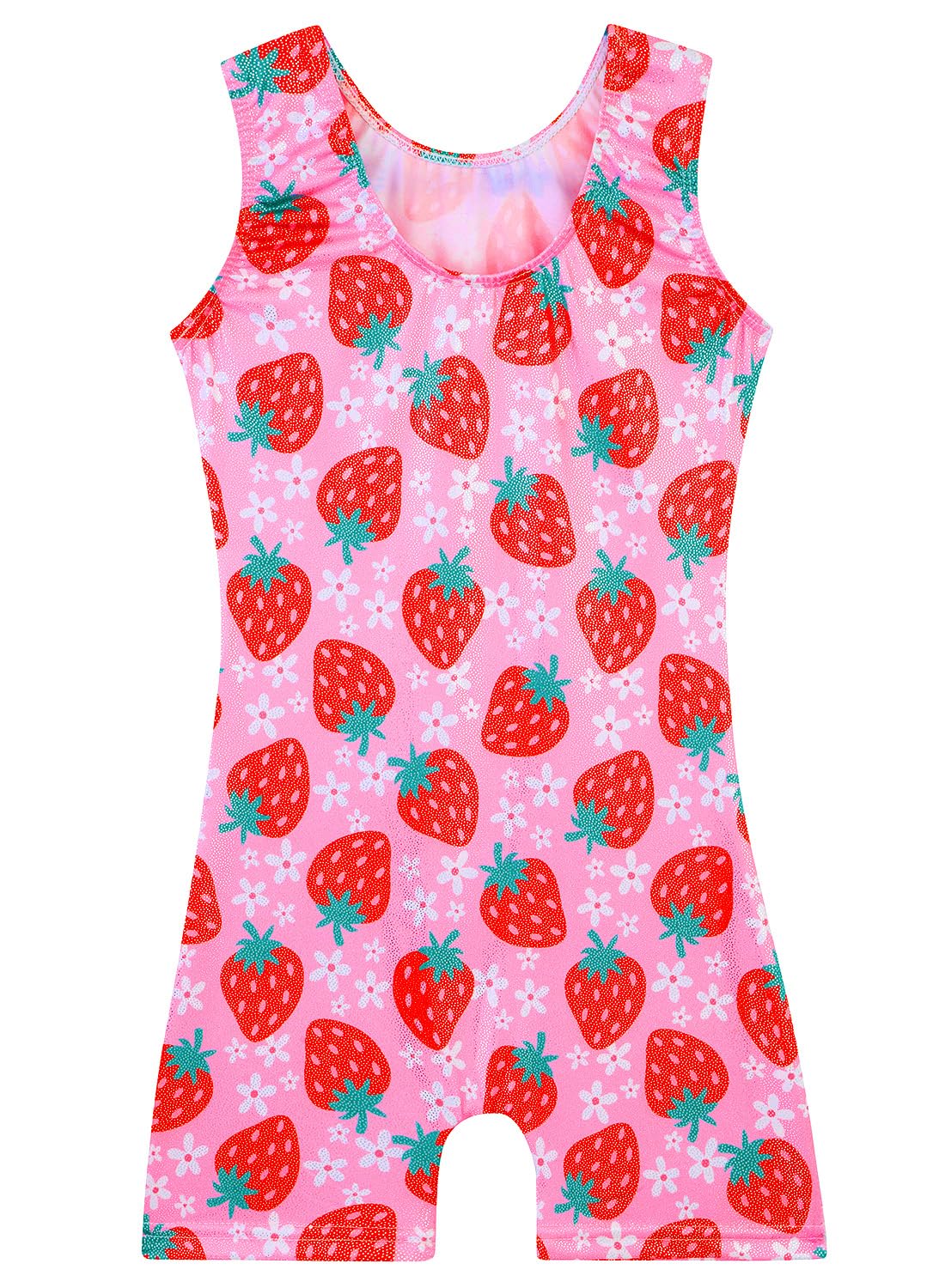 Gymnastics Leotards for Girls Toddler Ballet Dance Tumbling Outfits 7 8 Kids Sleeveless Gymnastic Biketard with Shorts Sparkly Dancwear Unitards Clothes Bodysuit (Pink Strawberry, 7-8 Years)