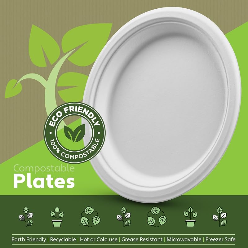 100% Compostable 150 Count 10-Inch Heavy Duty Paper Plates — White, Bagasse, Microwave Safe