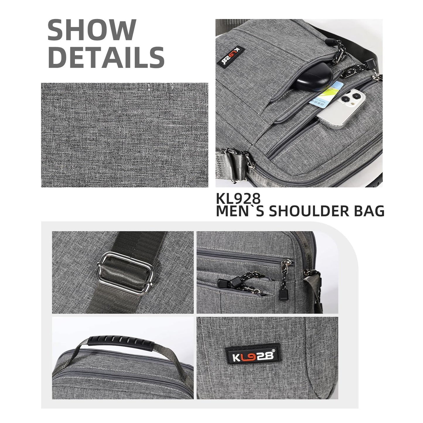 KL928 Men's Messenger Bag - Crossbody Shoulder Bags Travel Bag Man Purse Casual Sling Pack for Work Business(Large Version,Grey)