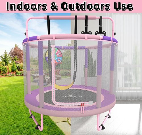 LANGXUN 60" Trampoline for Kids, 5ft Toddler Mini 6-in-1 Trampoline Indoor Outdoor with Swing, Basketball Hoop, Dart Board, Gymnastics Bar, Rings, Christmas Toys Birthday Gifts for Girls Boys Age 1-8