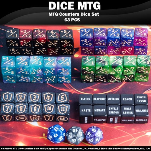 PYPGT 63 Pieces MTG Dice Counters Bulk Ability Keyword Counters Life Counter 1/+1 counters,6 Sided Dice Set for Tabletop Games,MTG, TCG, Card Games Accessories