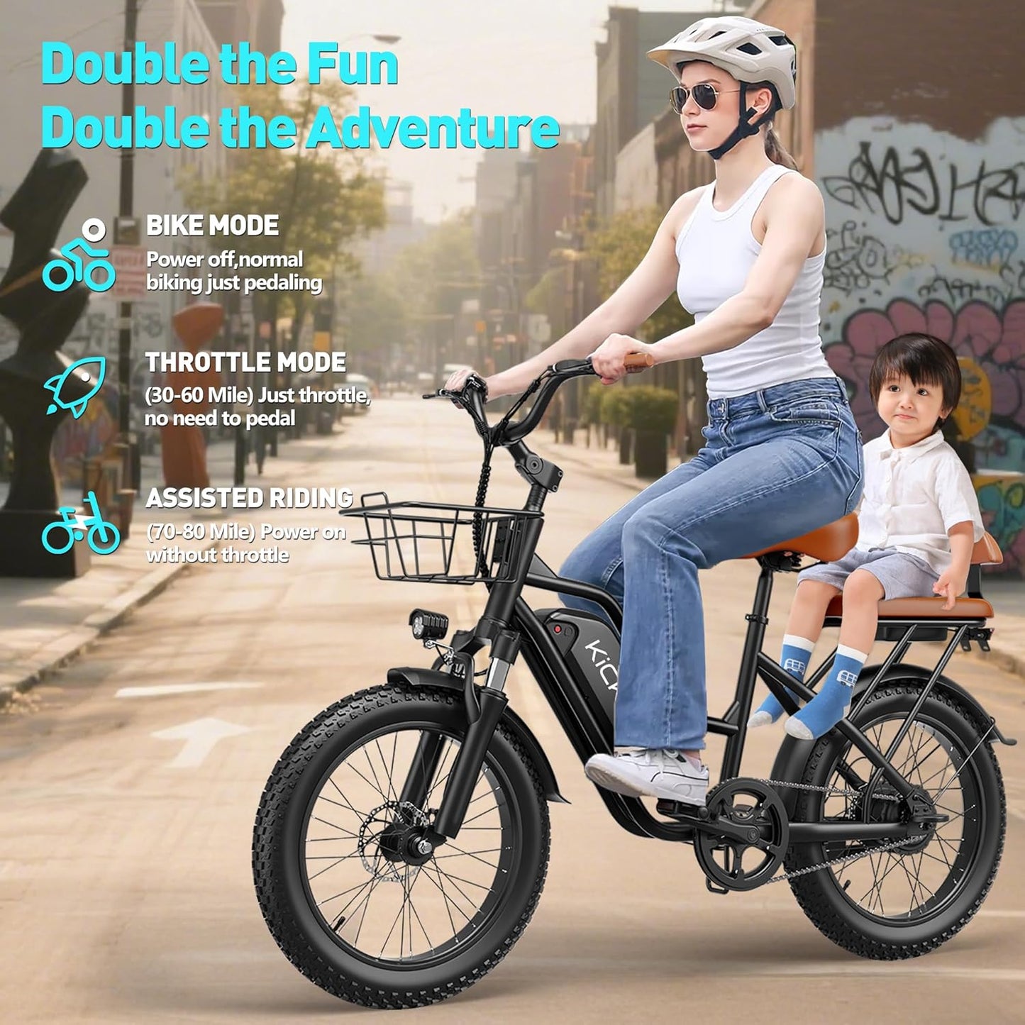 2 Seater Electric Bike Adults,1500W 30MPH 33-70Miles 48V 20AH Removable Battery Ebike 20" x 3.0 Fat Tire Beach Mountain Commuting Electric Bicycles W/Fork Suspension UL2849