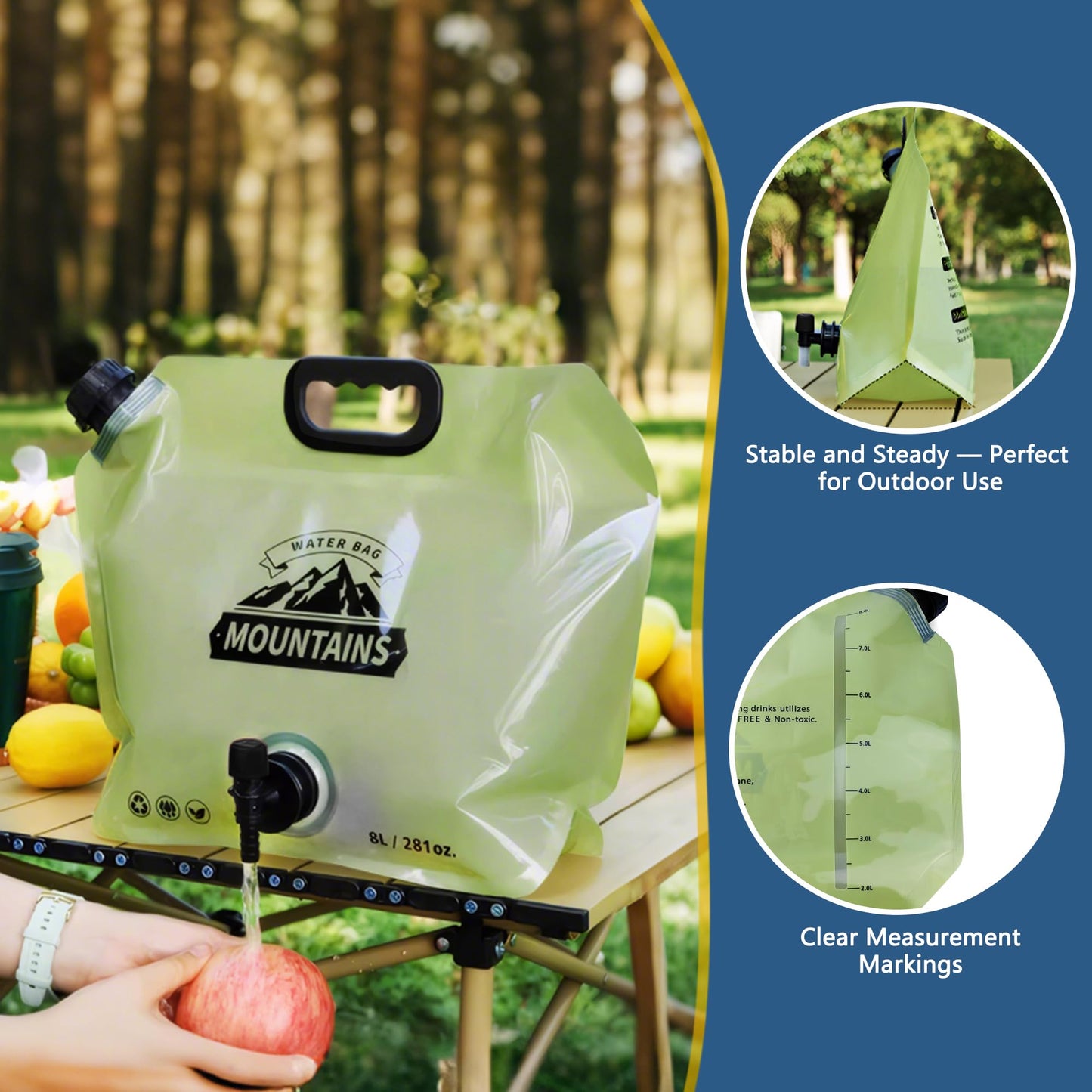 Coipdfty Water Jug Camping 2.1 Gallon Collapsible with Spigot, BPA Free Portable Water Pouch Foldable Water Bags for Outdoor Hiking, Travel and Emergency & Water Storage Containers (Green-1Pcs)