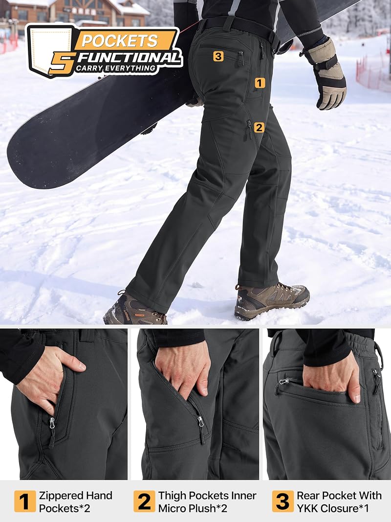 FREE SOLDIER Men's Fleece Lined Snow Ski Pants – Black 32W x 30L