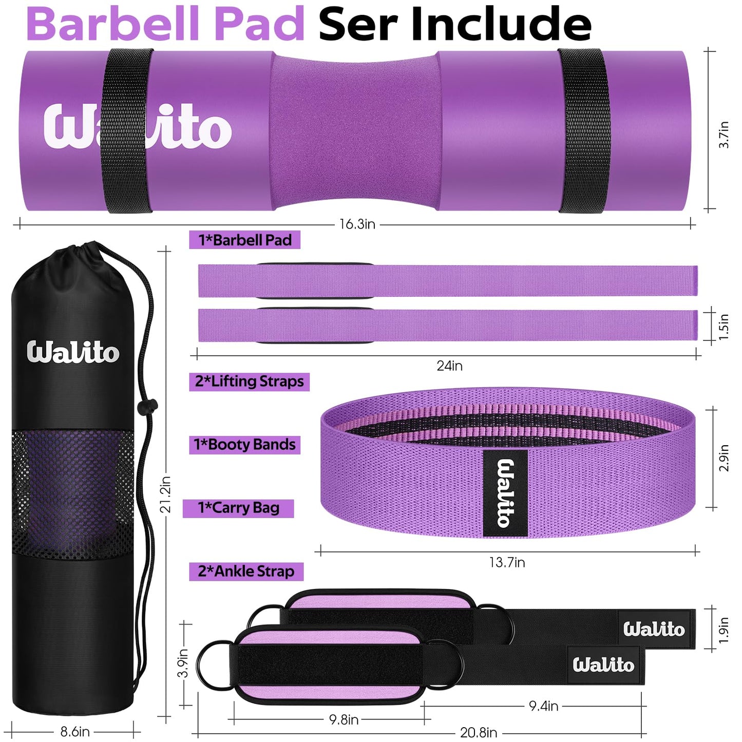 WALITO 8Pcs Barbell Pad Set for Hip Thrust - Squat Pad,Gym Accessories for Women with Bar Bad,Bench Press, with Gym Ankle Straps,Resistance Bands for Working Out,Lifting Strap,Carry Bag (Purple)
