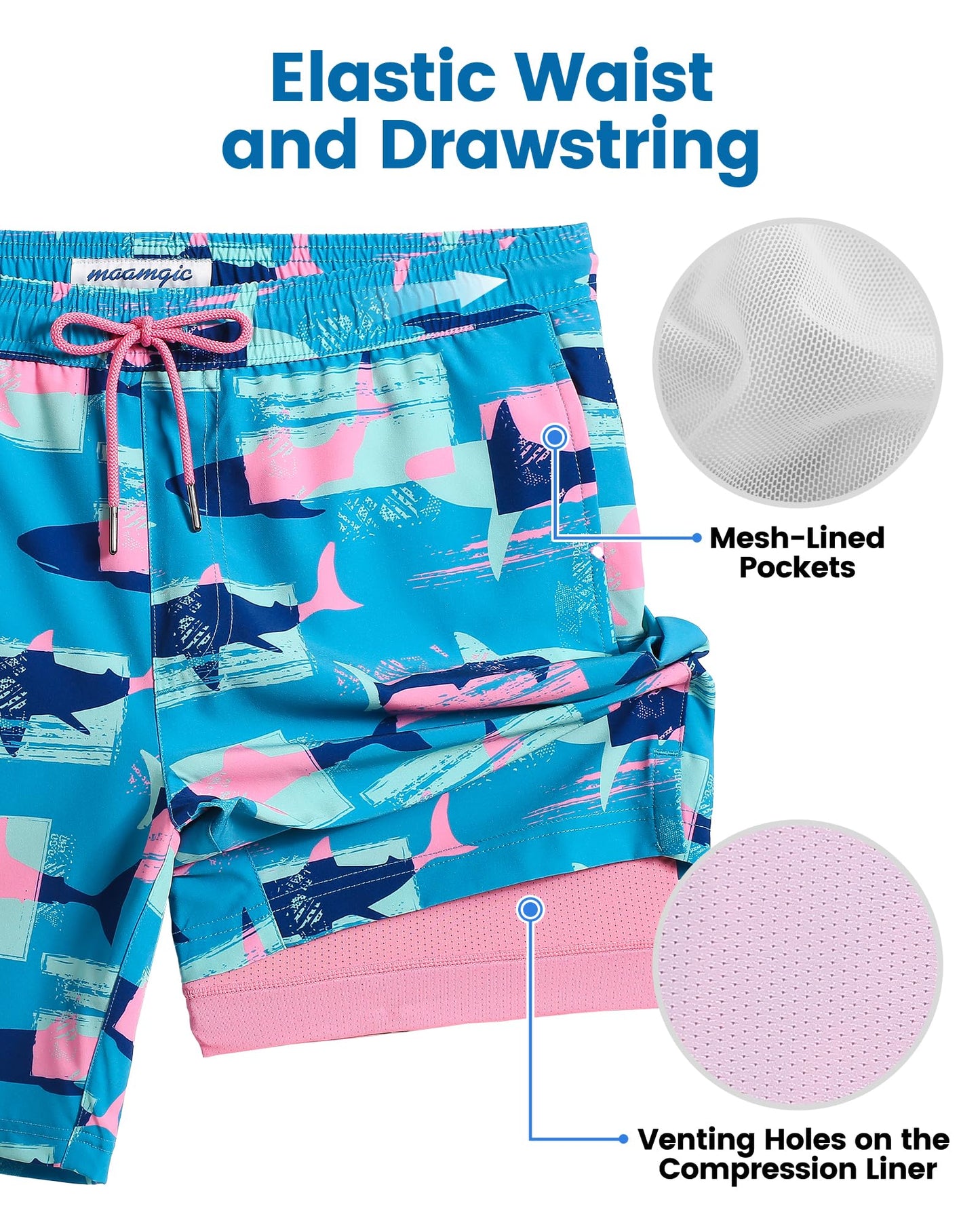 maamgic Mens Swim Trunks with Compression Liner 7 Inch Inseam Mens Bathing Suit Quick Dry Swimming Trunks Swimsuit Shark Blue Pink X-Large