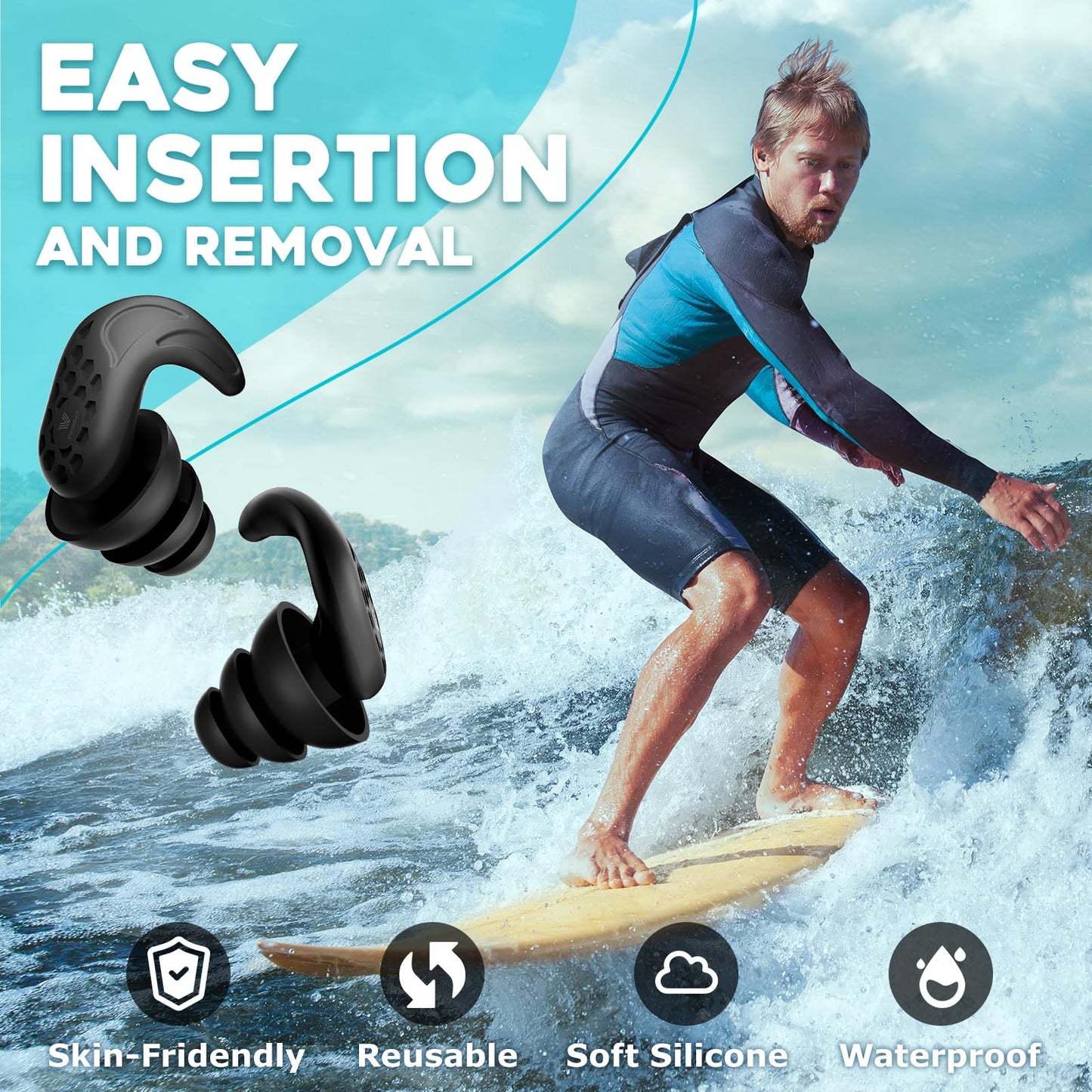 Swimming Ear Plugs, VIGOROAD 2 Pairs Waterproof Ultra Comfy Reusable Silicone Swimming earplugs for Swimmers, Shower, Bathing, Surfing, Pool and Other Water Sports(Adults, Teens & Kids 9+)