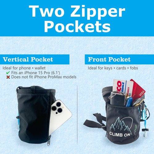 Chalk Bag for Rock Climbing, Bouldering, Top Rope | Includes Carabiner, Adjustable Belt, 2 Zippered Pockets, Wide Opening | Climb On