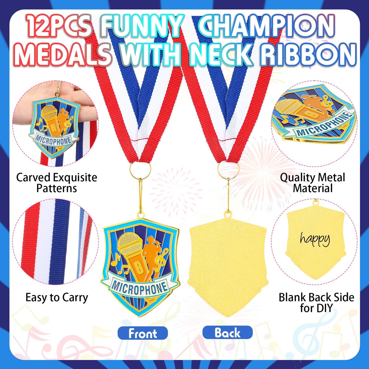 Loetere 12 Pcs Award Medals with Neck Ribbons 2.4 Inch Winner Medals Bulk Metal Award Prizes for Talent Shows Academic Competitions Tournaments Team Events(Microphone)