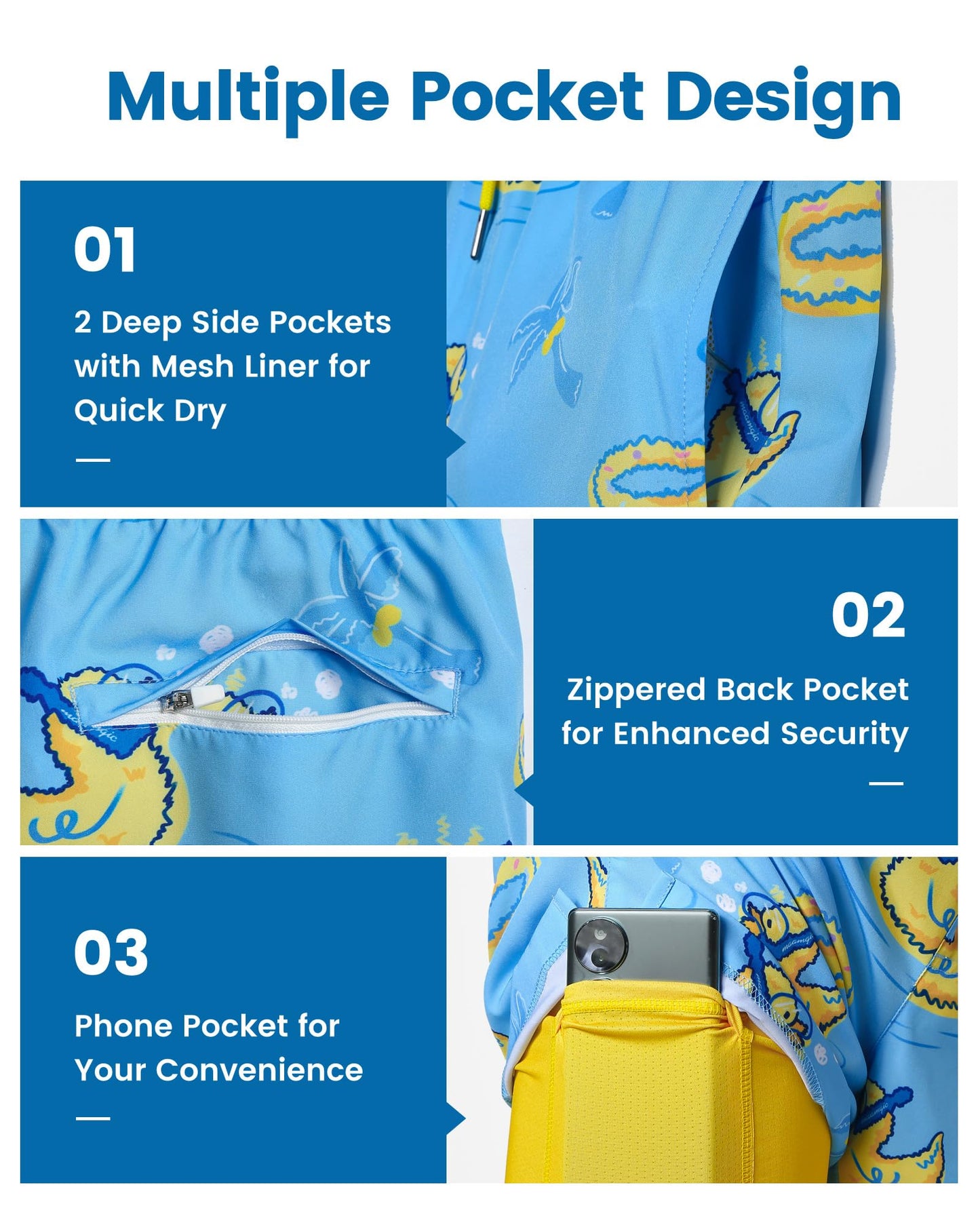 maamgic Mens Swim Trunks with Compression Liner 7 Inch Inseam Mens Bathing Suit Quick Dry Swimming Trunks Swimsuit Swimming Duck Blue and Yellow XX-Large