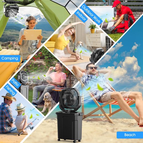 Ausic 20L 12Inch Portable Misting Bucket Fan, 30000mAh Oscillating Outdoor Fans with Remote Control, Rechargeable Battery Powered Camping Fan with Water Spray for Patios, Beach/Travel Essentials