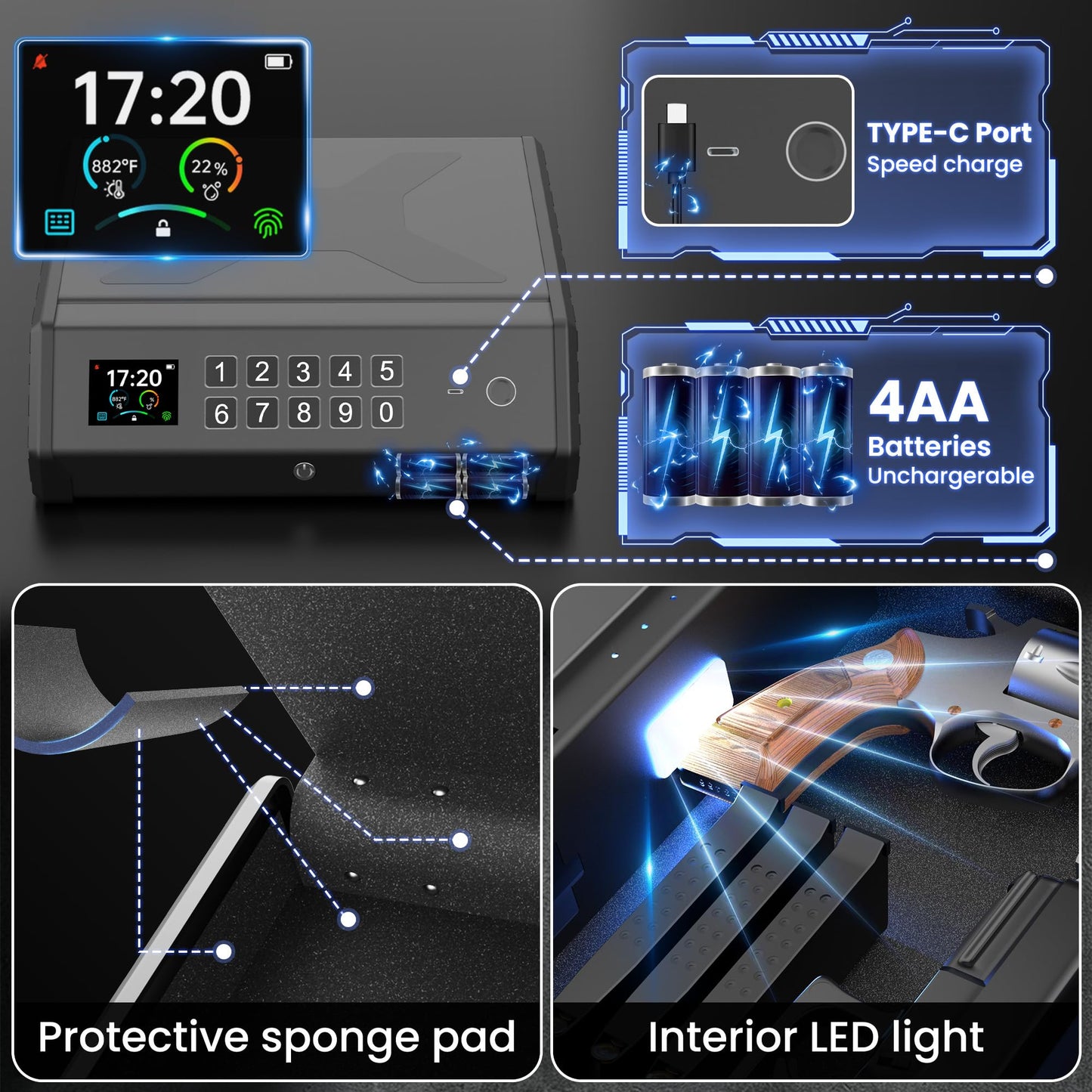 Gun Safe,3 Ways Biometric Pistol Safe with LCD Display of Temperature Humidity USB Port, Emergency Power Supply Gun Lock Box for Home Bedroom Bedside Nightstand and Car