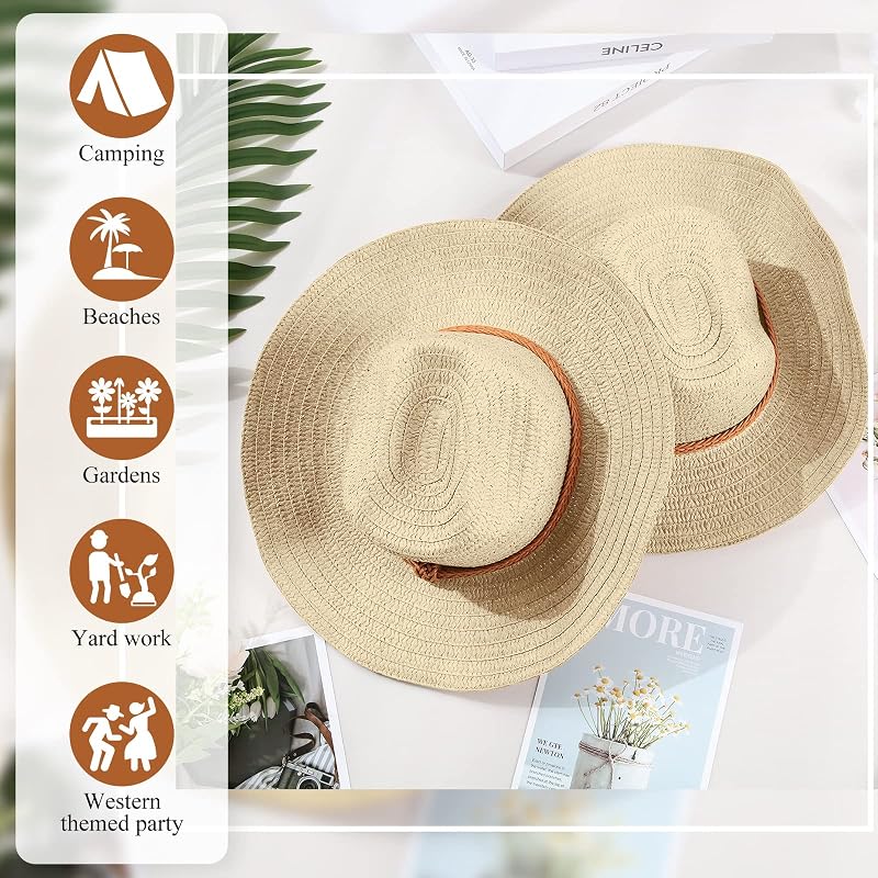 12 Pcs Beige Straw Cowboy Hats for Men & Women - Wide Brim Western Sun Hats (Variation: Beige)