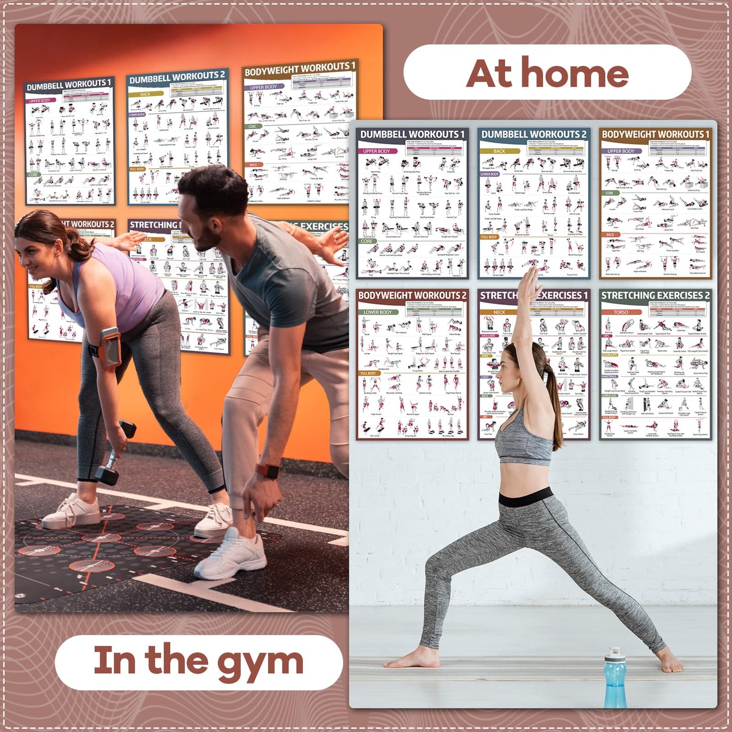 gisgfim 6PCS Workout Posters Dumbbell Bodyweight Stretching Workout Exercise Chart for Home Gym Full Body Routine Poster Set Muscle Engagement Exercise Illustrations Garage Home Gym Wall Decorations